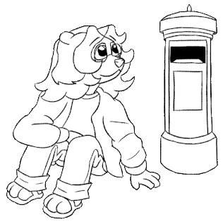 Setter sitting hopefully next to a post box