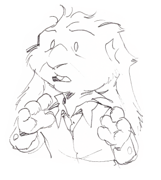 Theo emoting spookily, eyes wide and hands fluttering